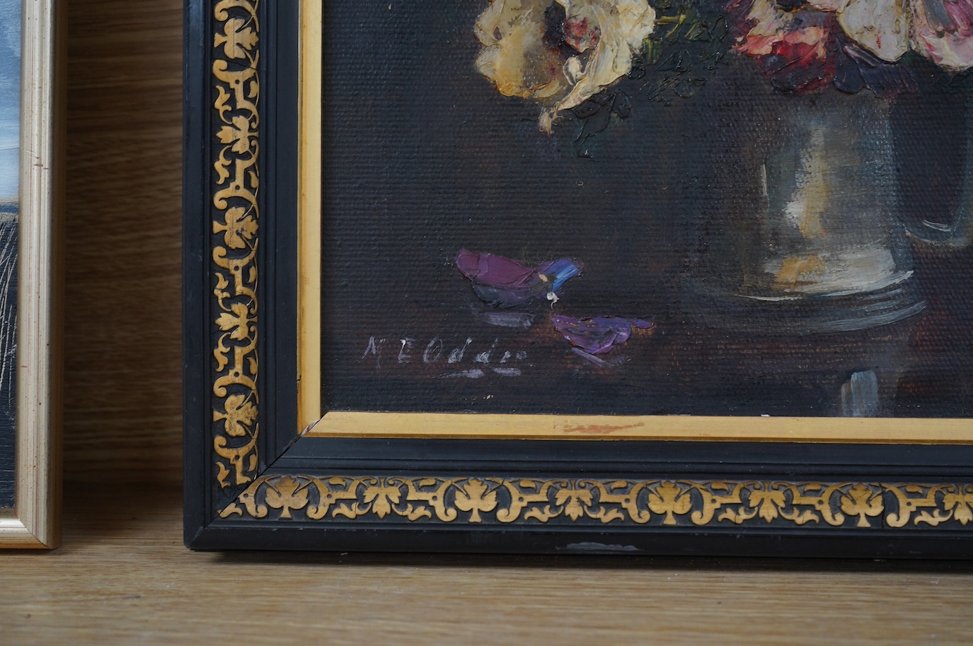 Mary E. Oddie (1931-1937), impasto oil on canvas, Still life of flowers in a jug, signed, 29 x 23cm, housed in an ebonised and gilt frame. Condition - poor to fair, some paint chips centre left